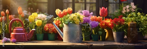 Beautiful colorful variety of spring and summer flowers in pots and a watering can on the patio, banner