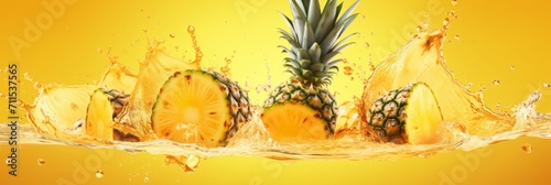 Pineapple slices and pineapple in splashes of water and pineapple juice on yellow background, banner