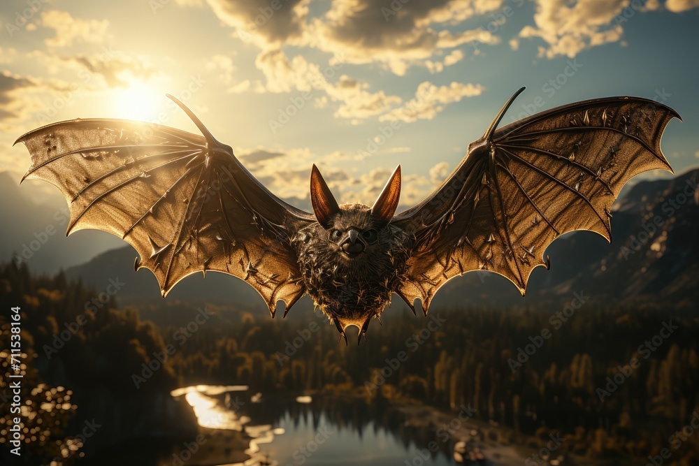 As the sun sets behind the majestic mountains, a bat soars gracefully ...