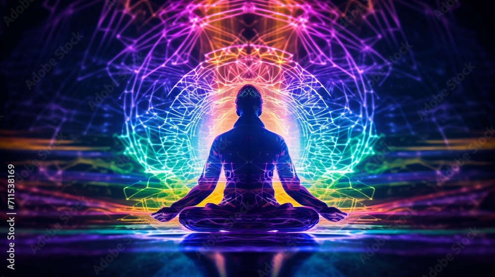 Illustration of a silhouette of a man in a meditation pose with radiating colored energy chakras against the backdrop of an abstract cosmic landscape, Concept: spirituality and harmony of the inner wo