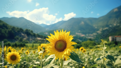 sunflowers in field the mountain background, beautiful view nature of spring season 