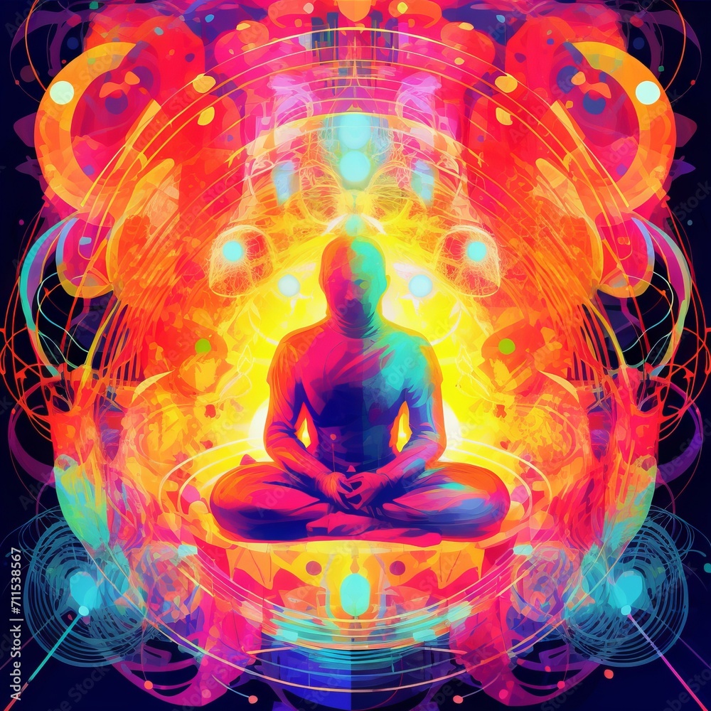 Illustration of a silhouette of a woman in a meditation pose with radiating colored energy chakras against the backdrop of an abstract cosmic landscape, Concept: spirituality and harmony of the inner 