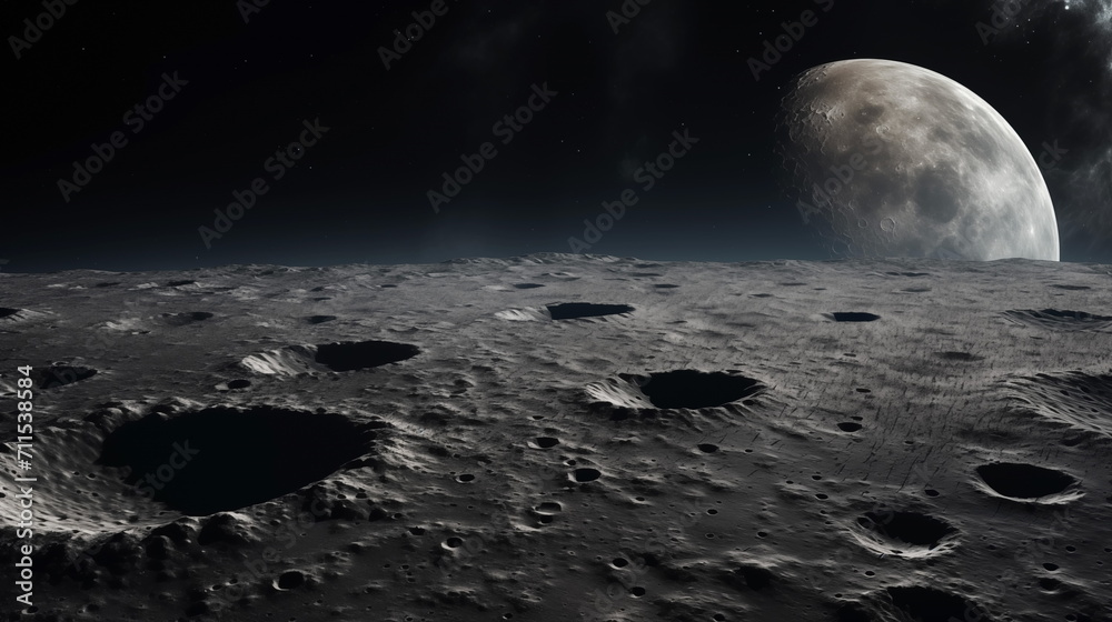 Moon surface in deep dark space.  lunar landscape, Space art fantasy. Black and white. Generated AI
