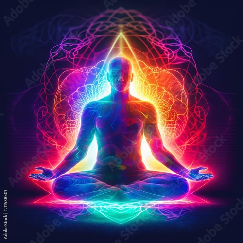 Illustration of a silhouette of a man in a meditation pose with radiating colored energy chakras against the backdrop of an abstract cosmic landscape, Concept: spirituality and harmony of the inner wo