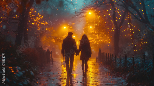 A guy and a girl are walking in the park at night  a couple in love