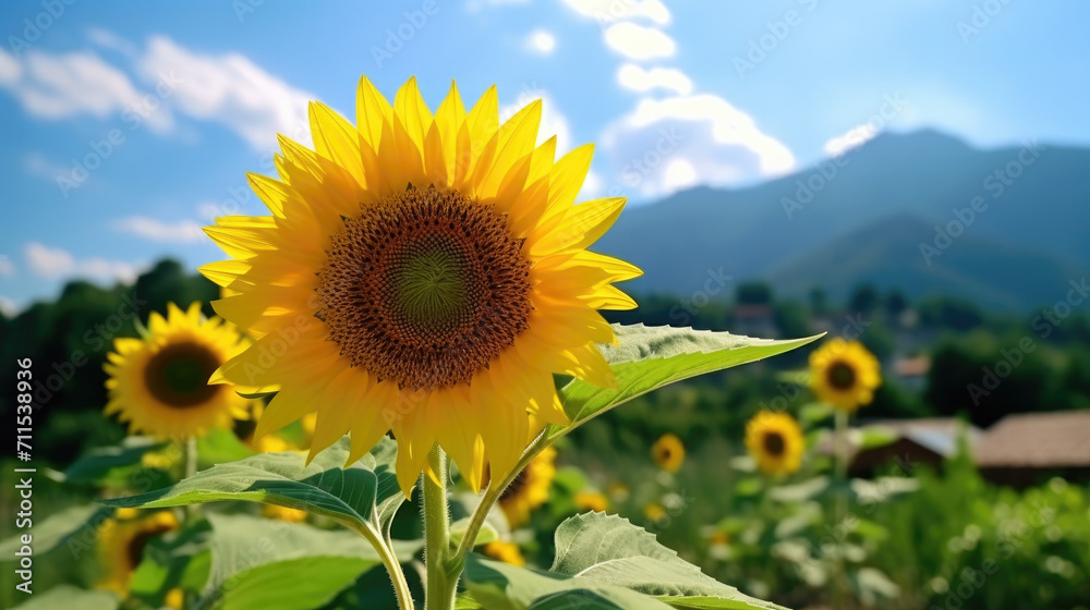 Fototapeta premium sunflowers in field the mountain background, beautiful view nature of spring season 