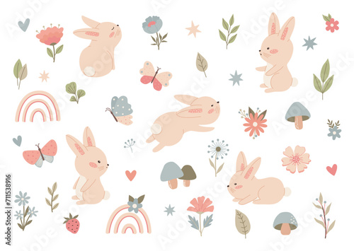 Spring collection of cute bunny, flowers, floral decoration elements. Set with animals and plants for poster, card, scrapbooking, tag, invitation, sticker kit. Simple hand drawn vector illustration.