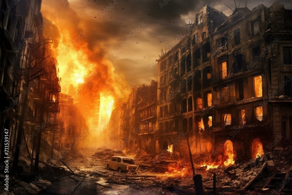 Urban devastation: crumbling structures engulfed in flames amidst wartime chaos. Generative AI