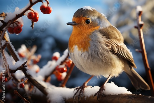 Amidst the cold winter landscape, a vibrant european robin perches confidently on a snow-covered branch, its melodic song echoing through the stillness of the outdoor scene