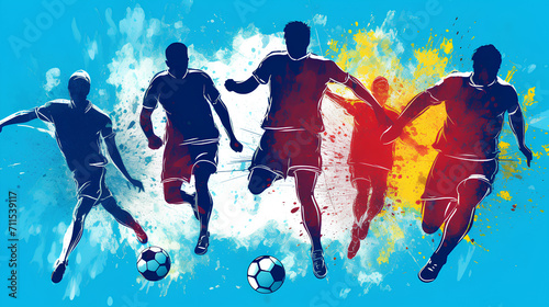 Silhouettes of football players with a ball on a watercolor background. Types of sports.
