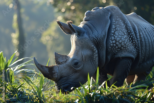 A mother Javan rhinoceros and her calf are grazing peacefully on the grass. photo