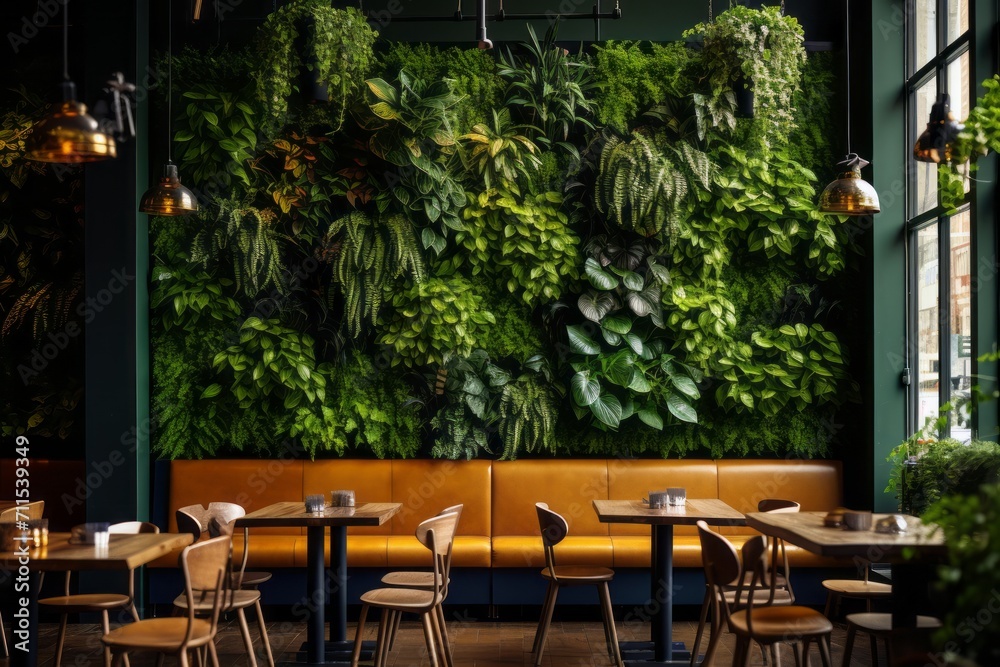 Obraz A modern cafe or restaurant with a living wall of greenery, biophilic design, vertical gardening, eco friendly green nature design landscape in building