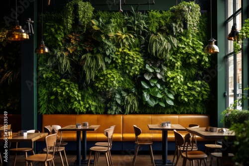 A modern cafe or restaurant with a living wall of greenery, biophilic design, vertical gardening, eco friendly green nature design landscape in building photo