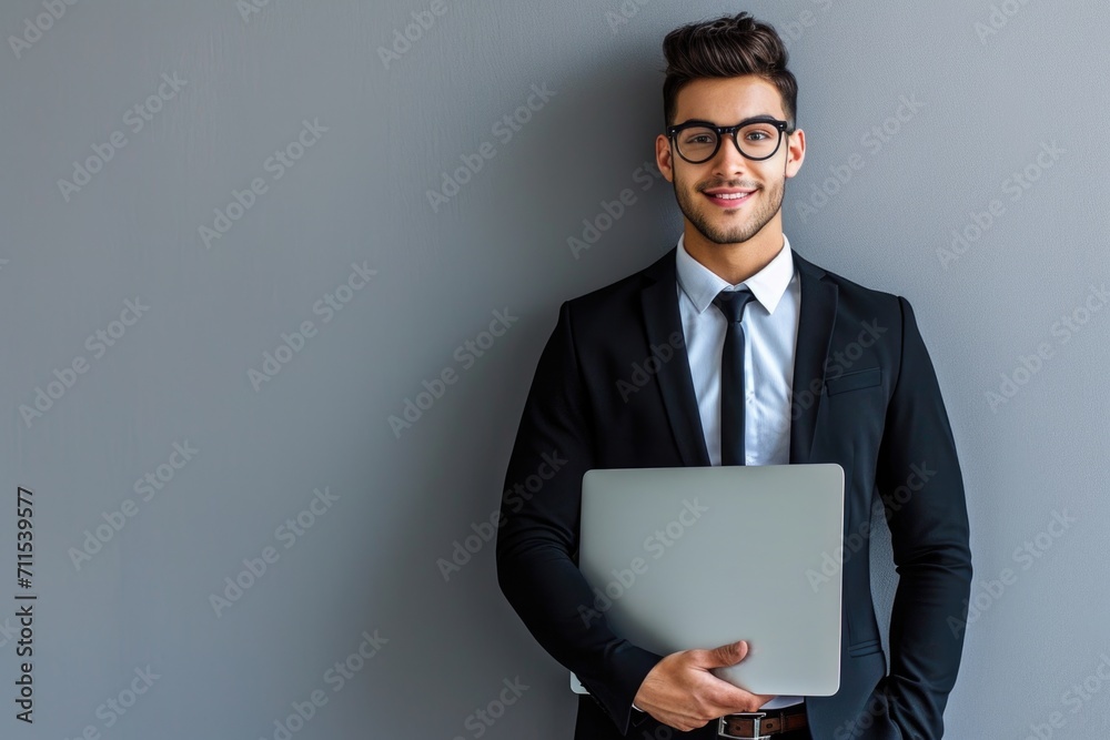 Happy young businessman with laptop isolated on gray. Happy young businessman with laptop isolated on gray.