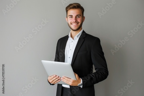 Happy young businessman with laptop isolated on gray.