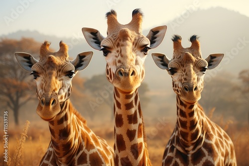A majestic herd of giraffes gracefully stands tall in the open field, their long necks reaching towards the vast sky, embodying the beauty and wonder of the african savannah