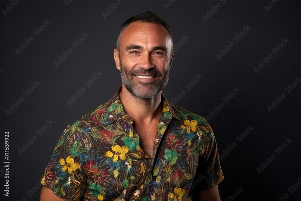 Portrait of a handsome mature man smiling at the camera over black background