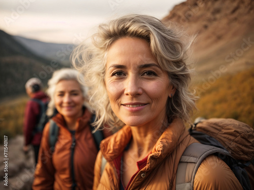 A group of middle-aged women doing activities, hiking, lifestyle and health concepts. Image generative AI