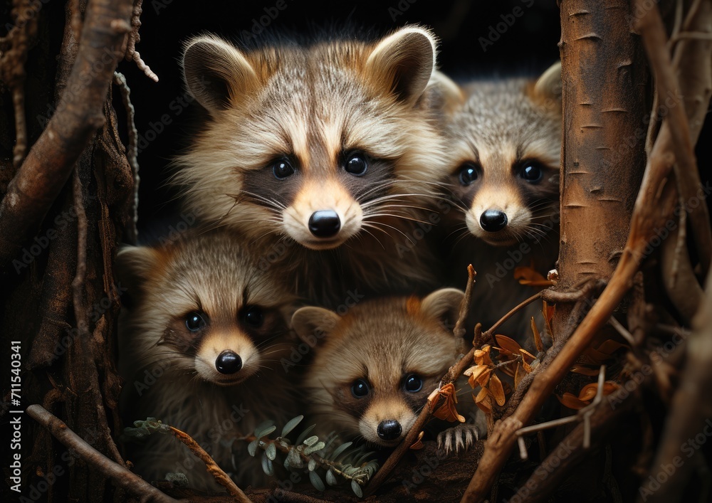 A lively family of procyonidae, with their distinct snouts and furry coats, enjoy the outdoors perched high in a tree, showcasing the natural beauty and charm of these terrestrial animals