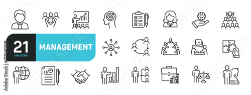 Set of line icons related to management, teamwork, business, organisation. Outline icons collection. Editable stroke. Vector illustration.