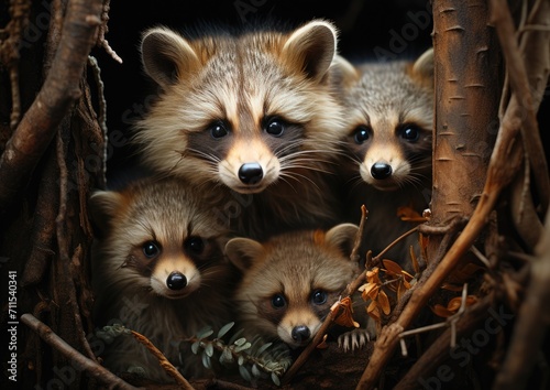 A lively family of procyonidae, with their distinct snouts and furry coats, enjoy the outdoors perched high in a tree, showcasing the natural beauty and charm of these terrestrial animals © familymedia