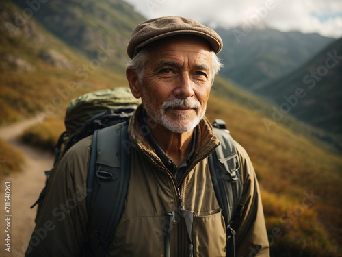 Photos of retired man doing hiking activities, lifestyle concepts, exercise, and health. Image generative AI