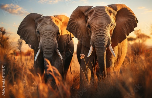 As the sun sets behind them, two majestic elephants roam through the tall grass of the african savannah, their tusks glinting in the light as they stand against the breathtaking backdrop of the open  photo