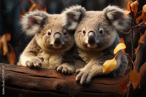 Two marsupial friends perch on a wooden log, their snouts close as they bask in the outdoor beauty of their wildlife home © familymedia