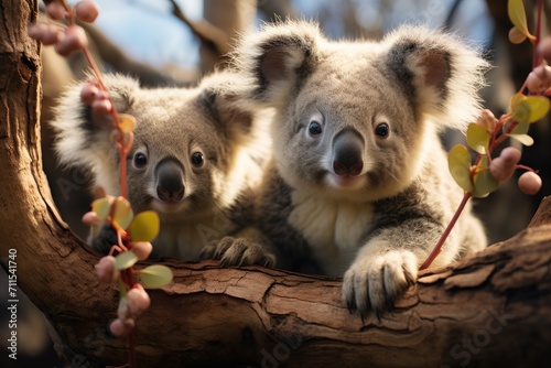 Two furry koalas cuddle on a tree branch, showcasing the beauty of these iconic marsupials in their natural outdoor habitat