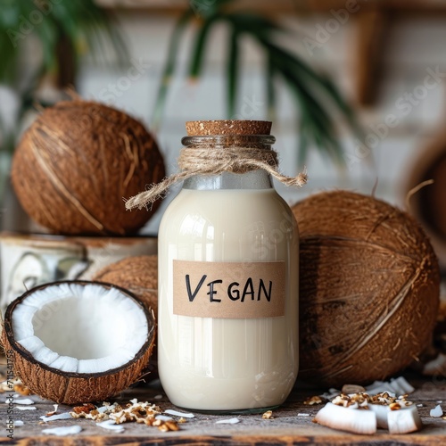 A glass bottle of vegan coconut milk, labeled "VEGAN", with a background of whole and split coconuts. Concept: healthy and ethical lifestyle, eco-friendly cosmetics