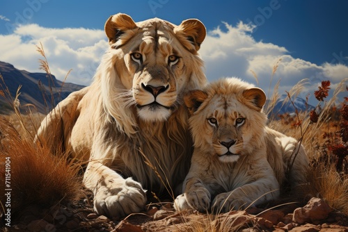A majestic masai lion and his lioness companion bask in the warm sun, their regal presence surrounded by the wild grass and towering mountains of the african safari