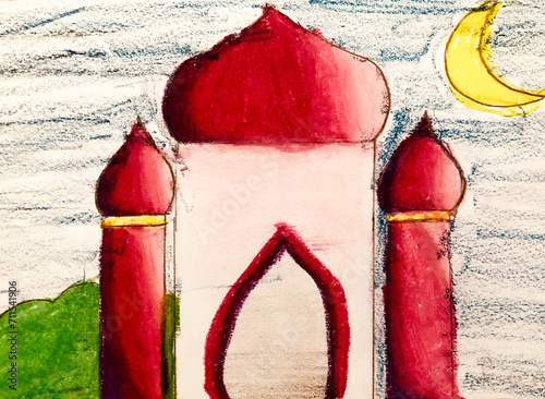 Red mosque hand drawing by a child photo