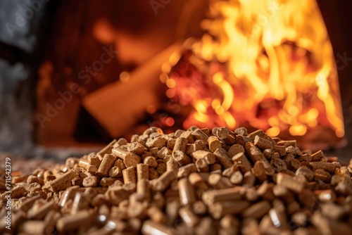 Wood chips piled in front of a warm fire. Perfect for backgrounds or concepts related to camping, bonfires, or cozy evenings