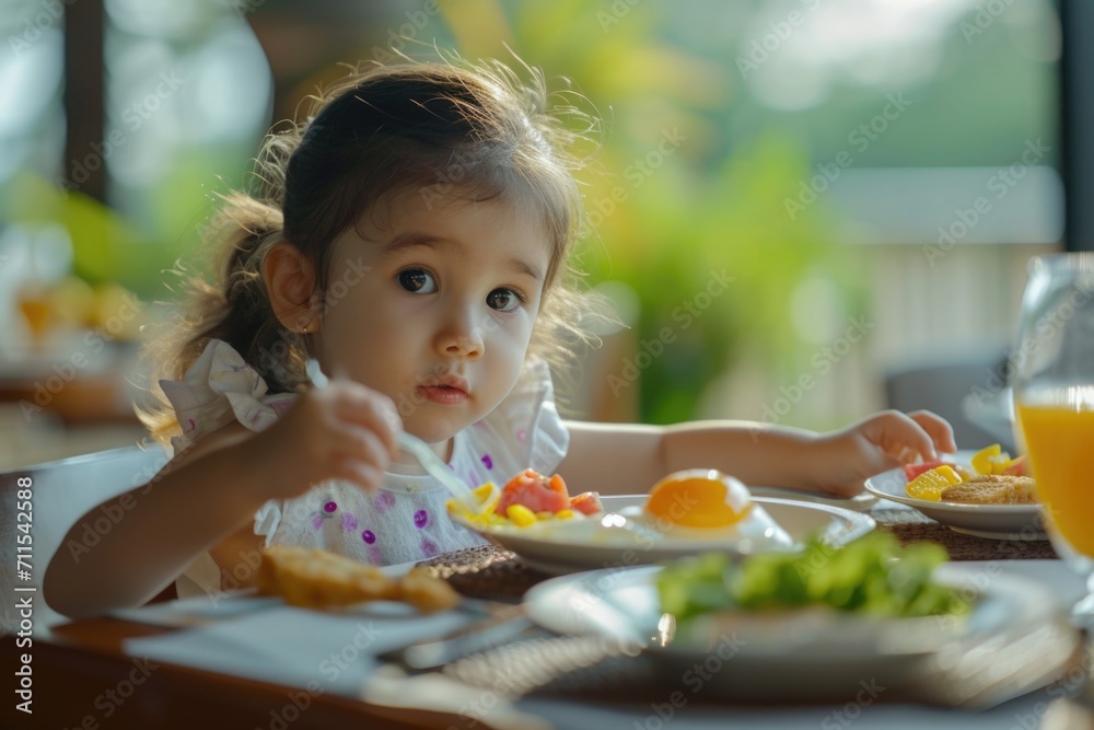 A little girl sitting at a table with a plate of food. Can be used for food-related themes or family meals