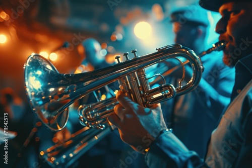 A man playing a trumpet in a band. Suitable for music-related designs and promotions