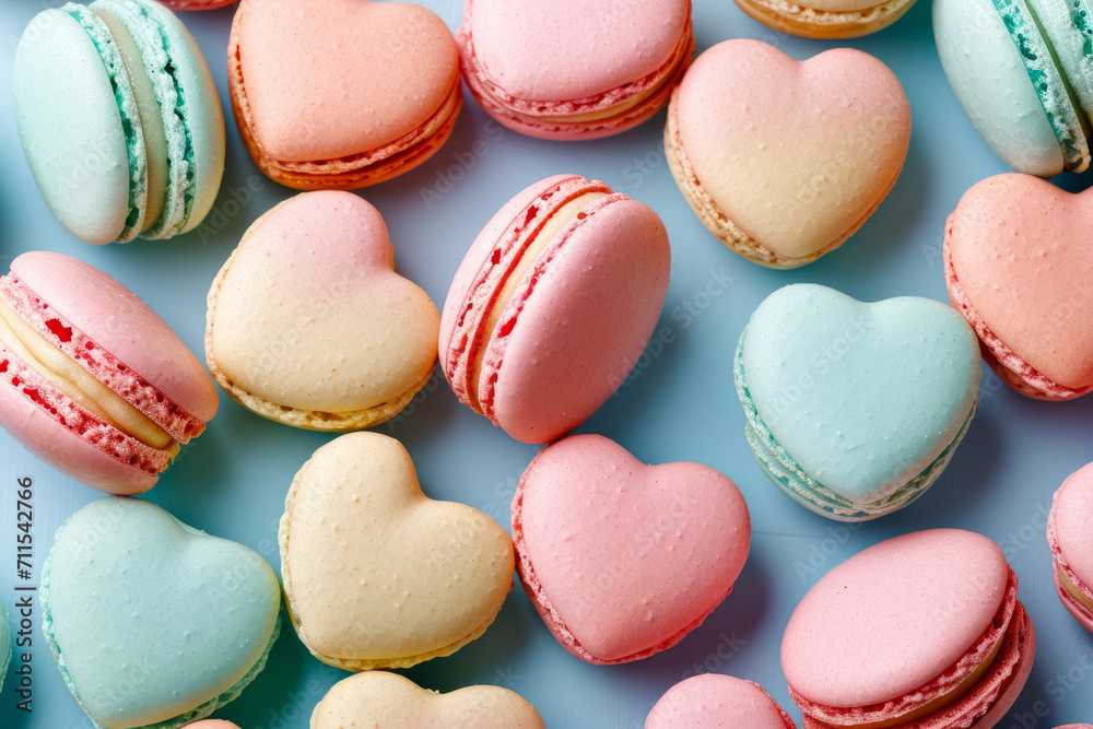 overhead view of pastel color heart shaped valentine's day macaroons overhead view of pastel color heart shaped valentine's day macaroons