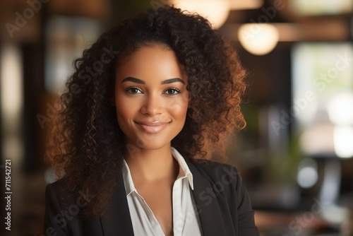 A pretty smiling black businesswoman, a girl in a business room, a beautiful portrait of a woman, a close-up of a young woman's face