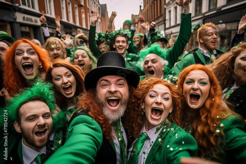 A group of happy people in green suits celebrate St. Patrick's Day at the city festival