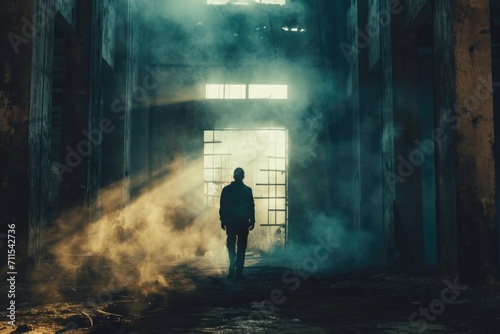 A person is standing in a dark room with smoke billowing out. This image can be used to depict mystery  suspense  or danger