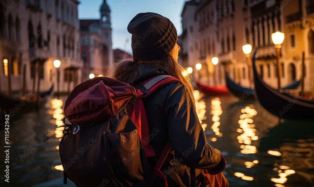 Mystical Venice: Happy Tourist Woman Delights in the Charms of Venice at Night - Gondolas, Golden Light, and Romance Infuse the Evening with Mystery and Elegance.

