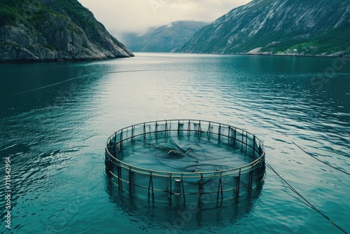 A fish trap floating in the middle of a body of water. This image can be used to illustrate fishing techniques or the concept of trapping fish photo