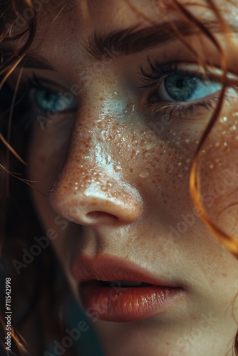 A detailed view of a woman's face, highlighting her unique freckles. Perfect for beauty and skincare-related projects © Fotograf