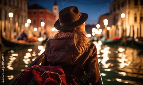 Mystical Venice: Happy Tourist Woman Delights in the Charms of Venice at Night - Gondolas, Golden Light, and Romance Infuse the Evening with Mystery and Elegance.


