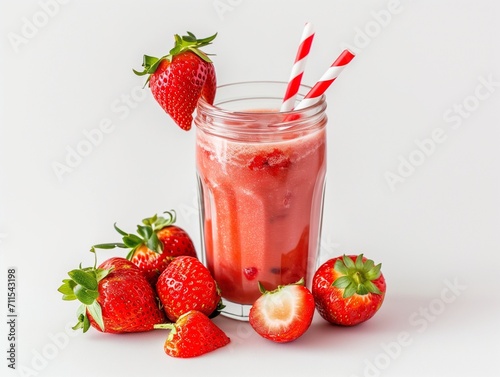 Design mockup. A sweet strawberryade, fresh strawberries adorning, in a clear glass. white background. Generative AI