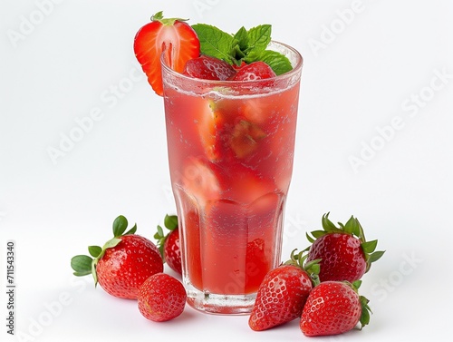 Design mockup. A sweet strawberryade, fresh strawberries adorning, in a clear glass. white background. Generative AI