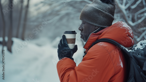 Mature black man drinking coffee on a winter hike outside in the snow