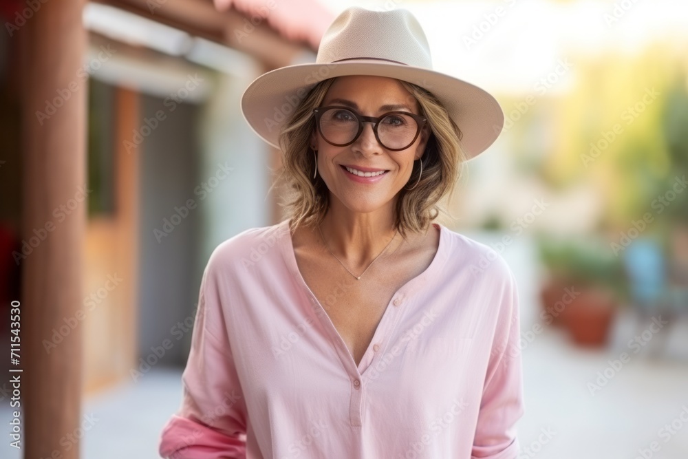 Portrait of a beautiful mature woman wearing hat and glasses standing outdoors