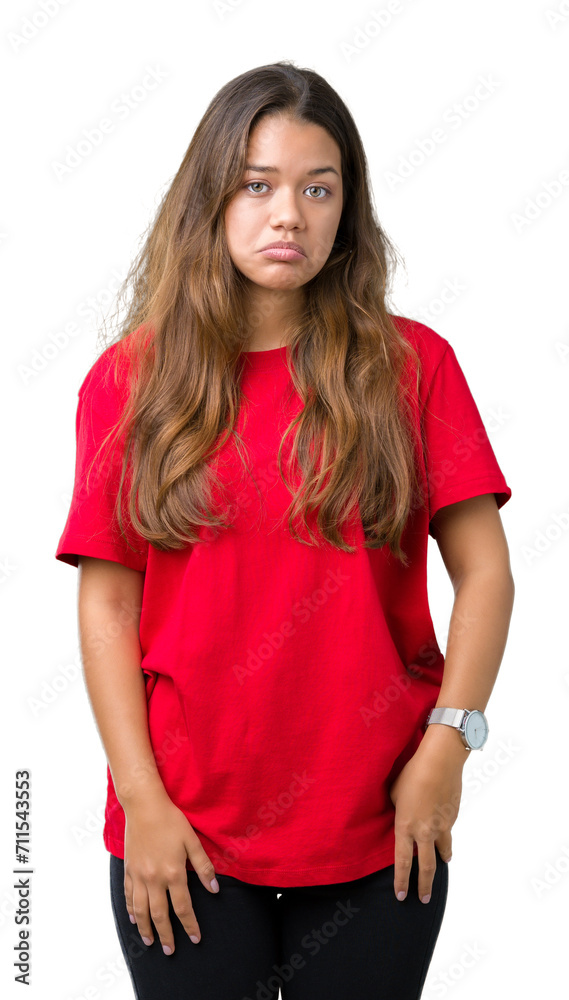 Young beautiful brunette woman wearing red t-shirt over isolated background depressed and worry for distress, crying angry and afraid. Sad expression. Young beautiful brunette woman wearing red t-shirt over isolated background depressed and worry for distress, crying angry and afraid. Sad expression.
