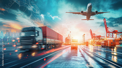 Logistics transportation commerce network of planes cargo ships and trucks in international port