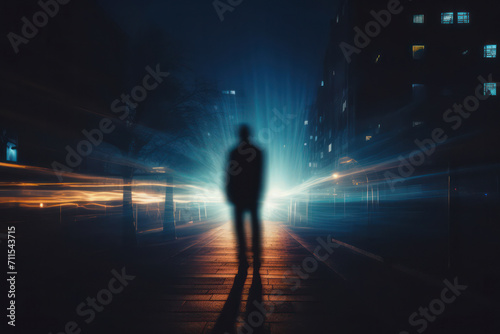 Silhouette of a lonely man walking in the dark, surrounded by shadows and mystery, on a foggy night street in an urban city. The concept of loneliness, depression, and fear is portrayed as he walks © SHOTPRIME STUDIO